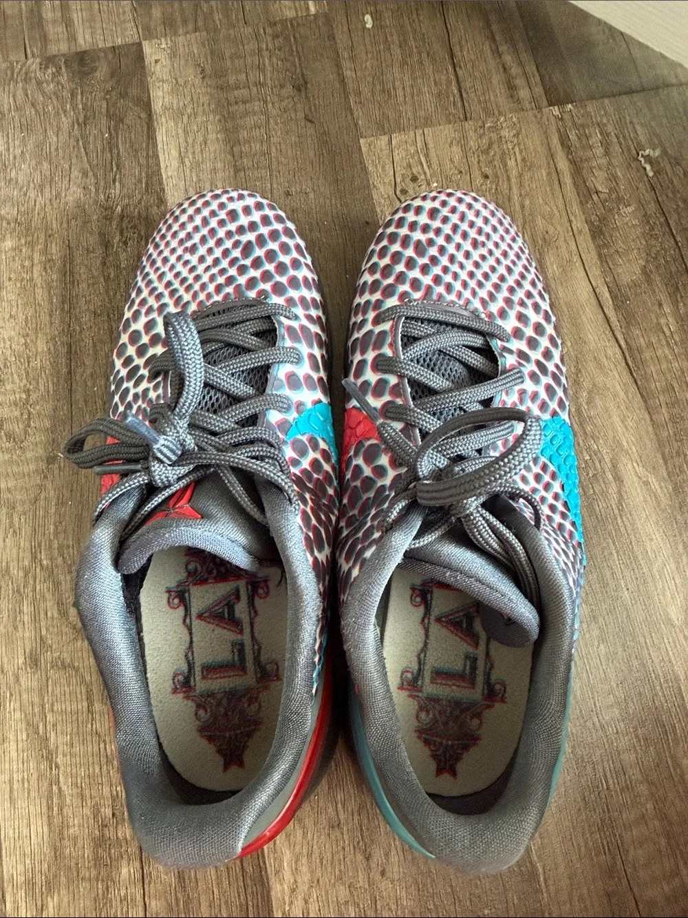 Kobe Bryant Basketball Shoes in Grey with Red & Teal Accents